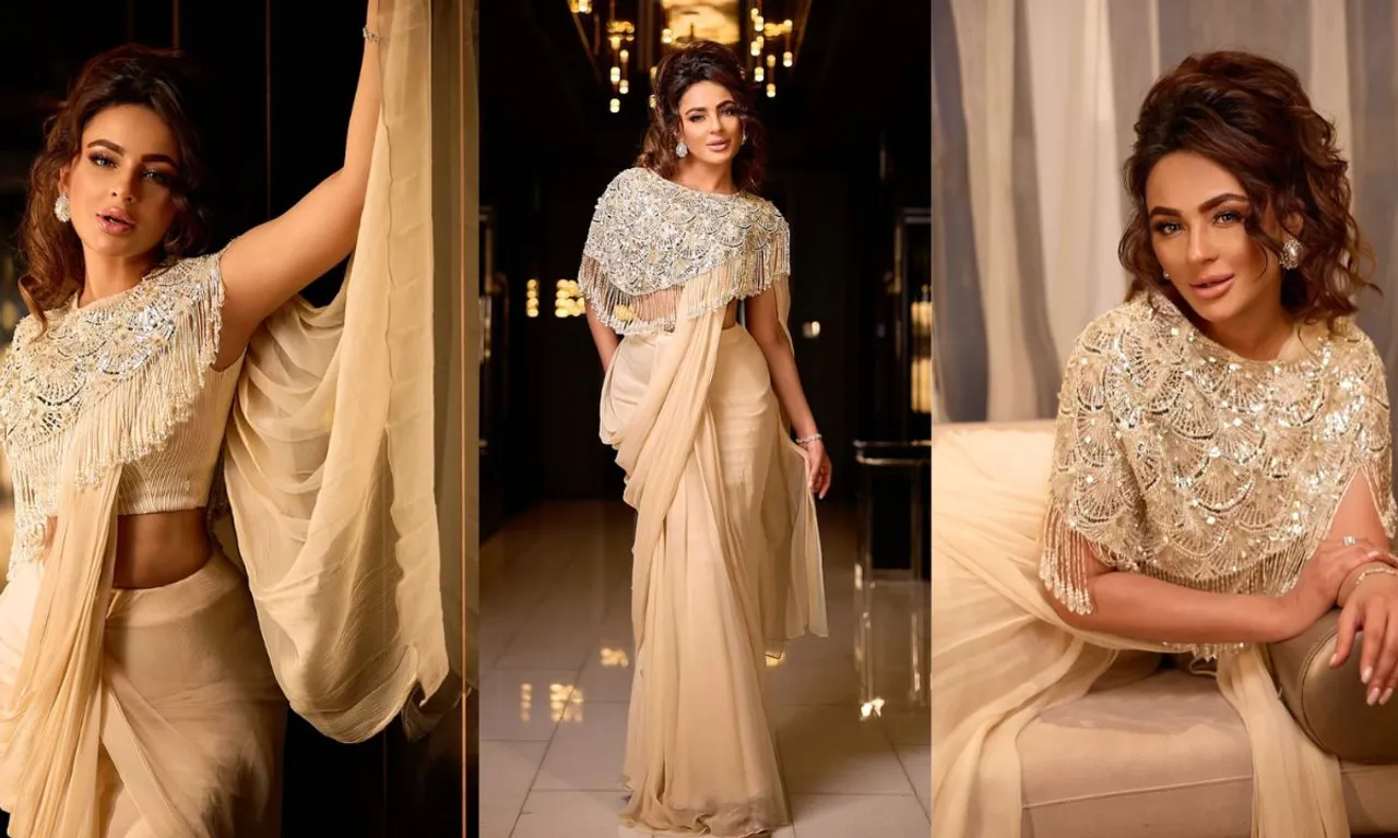 Seerat Kapoor Stuns in 80's-Inspired Ethnic Cape, Crop Top & Saree