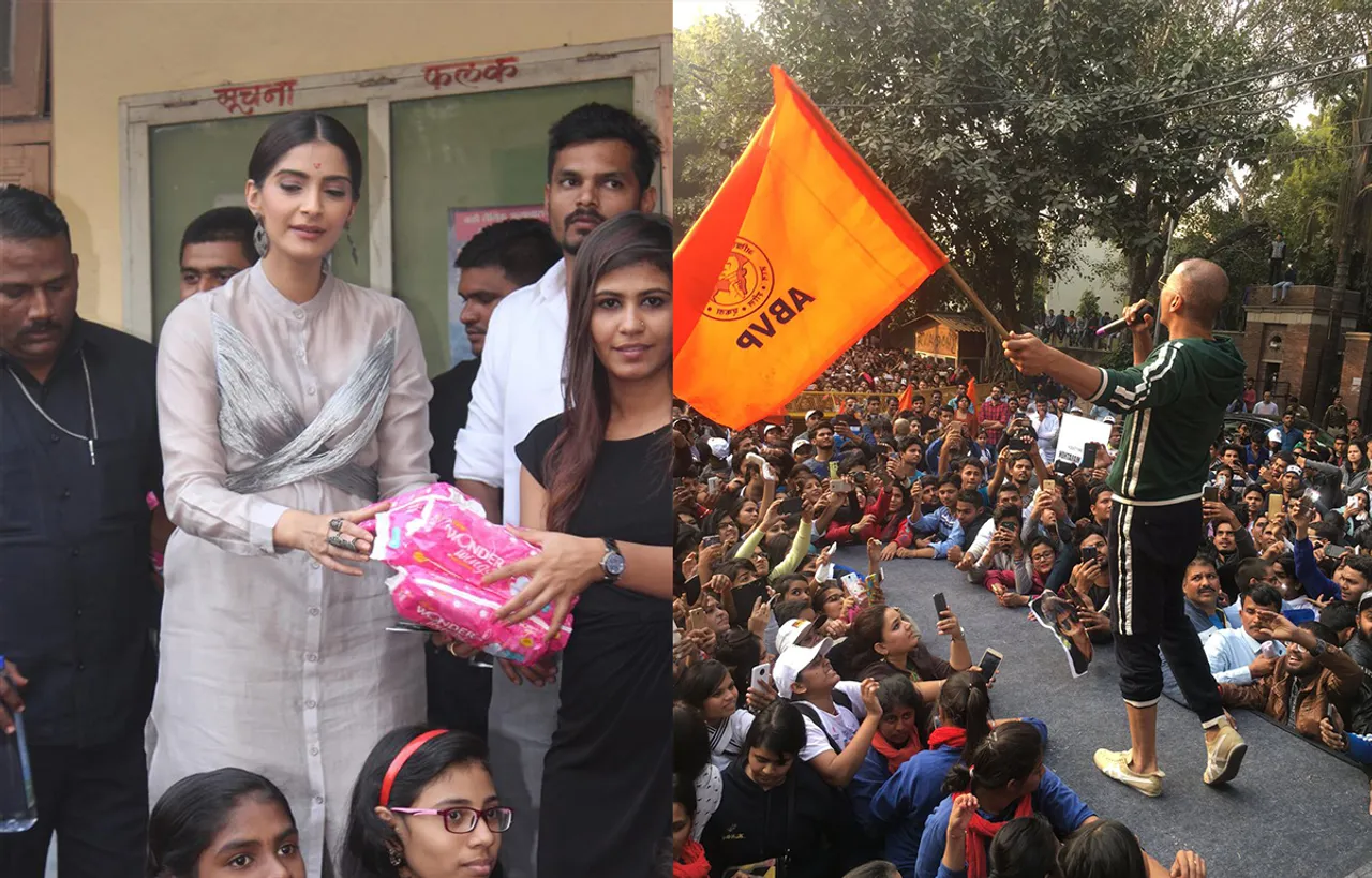 PAD MAN PROMOTIONS: SONAM KAPOOR DISTRIBUTES FREE SNITARY PADS TO SCHOOL GIRLS AND AKSHAY VISITS DELHI UNIVERSITY