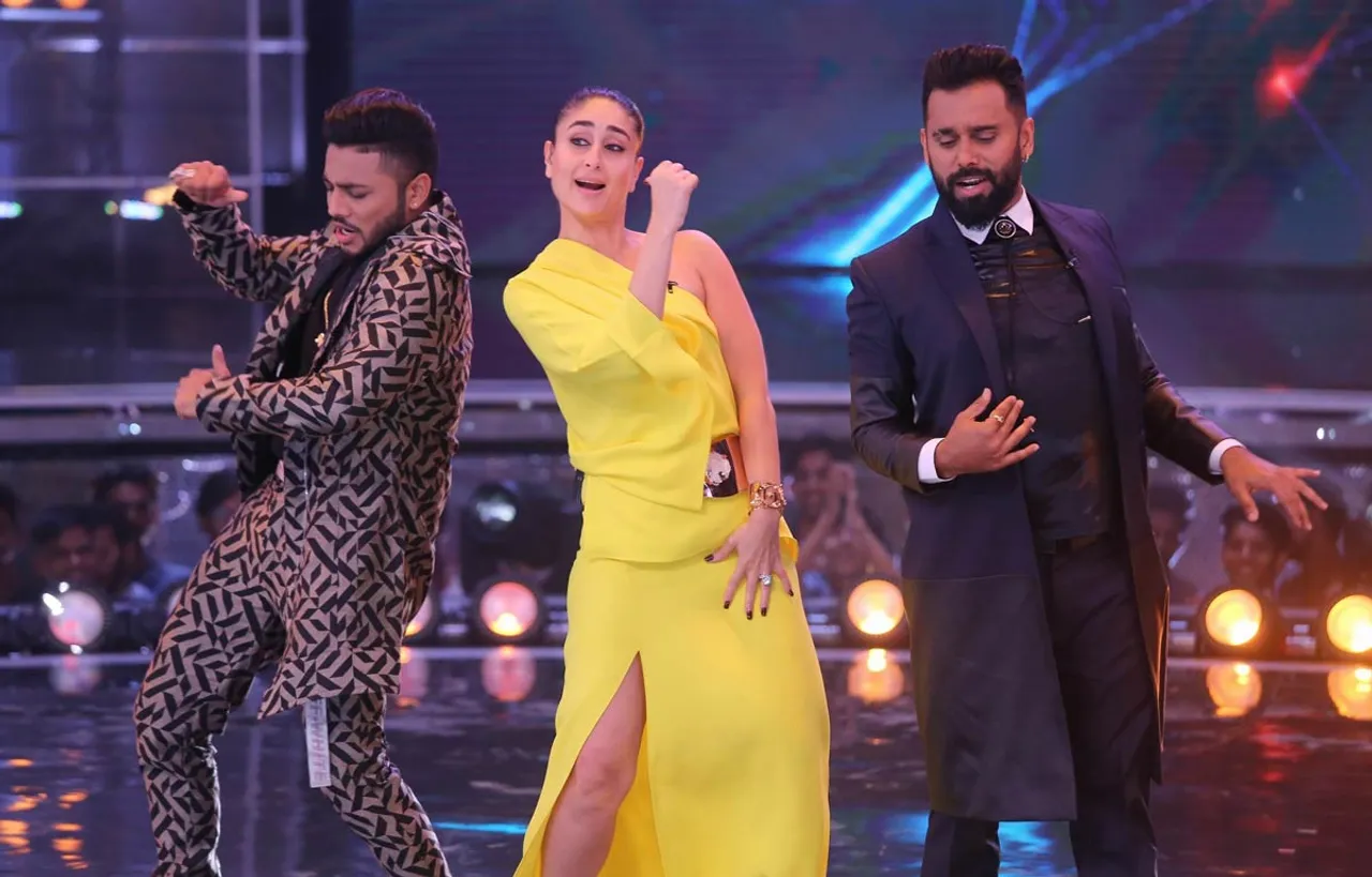 Judges-Raftaar,Kareena-Kapoor-Khan-and-Bosco-grooving-to-iconic-song-Mauja-Hi-Mauja-on-sets-of-Dance-India-Dance