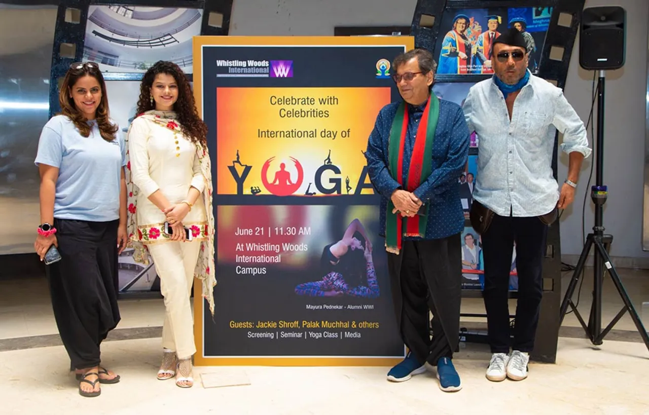 Subhash-Ghai,-Jackie-Shroff,-And-Palak-Muchhal-Celebrate-International-Yoga-Day-At-Whistling-Woods-International