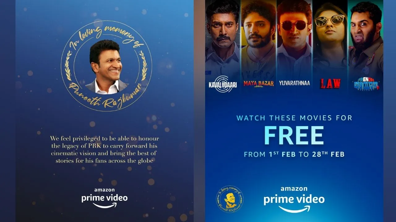 HONOURING THE LEGACY OF LATE PUNEETH RAJKUMAR, PRIME VIDEO ANNOUNCES THE EXCLUSIVE PREMIERE OF THREE UPCOMING FILMS FROM HIS STUDIO AND MAKES FIVE OF HIS PREVIOUS MOVIES FREE FOR ALL