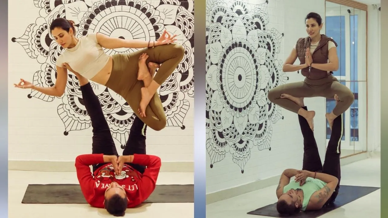 Sonnalli Seygall’s attempt at acroyoga is impressive to say the least