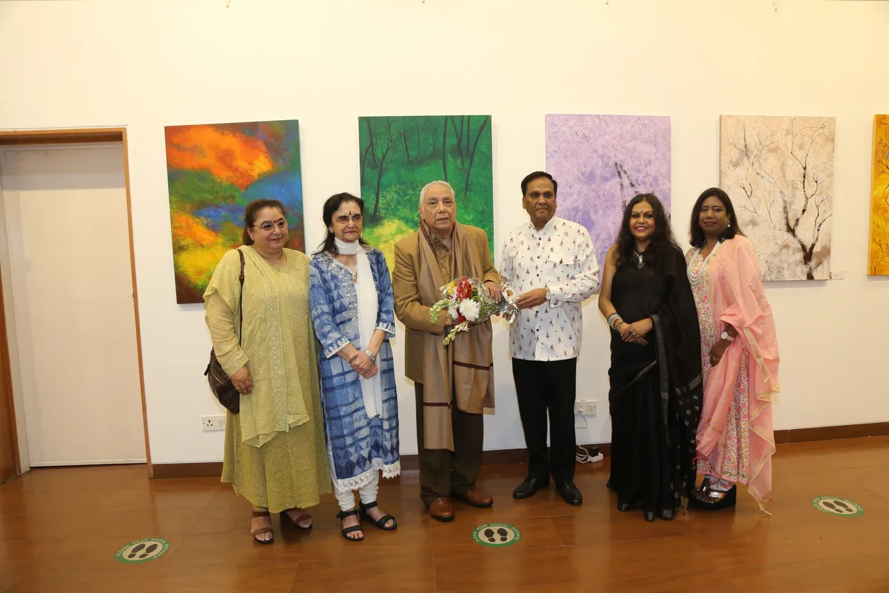 Alka Sapru, Rekha Sapru, Yogendra Sapru, Ambassador Valsan Vethody and Anita Peter at Sanjukta Arun's Painted Ballads exhibition at Nehru Centre Art Gallery