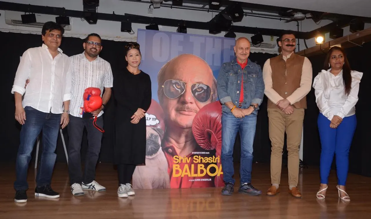 2023-A  Glove Story ?  “ I hate retakes  during shoots”,  confides boxing icon  Mary Kom  while fun-punching  Anupam Kher,  at Shiv Shastri Balboa poster launch… by Chaitanya  Padukone