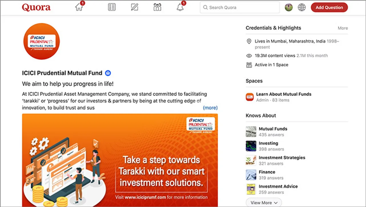 How ICICI Prudential Mutual Fund uses Quora through extensive content strategy to engage with audience