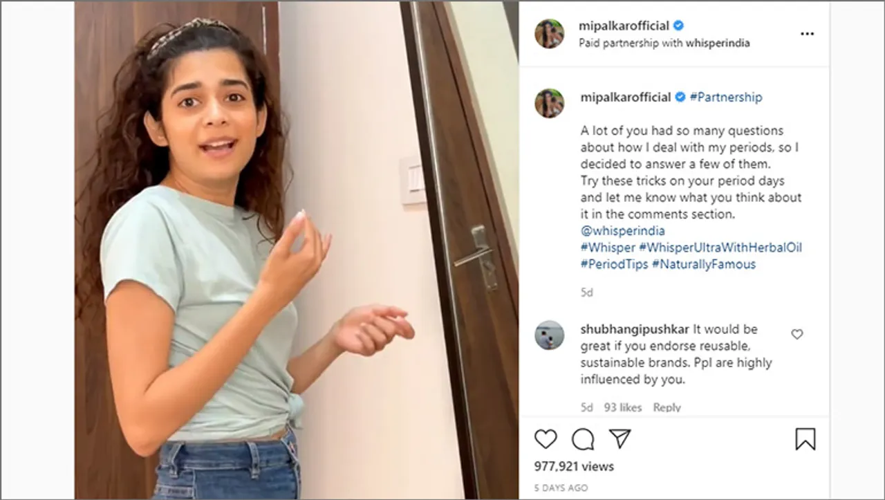 Whisper's influencer campaign with Mithila Palkar addresses menstrual cramps but doesn't find favour among followers