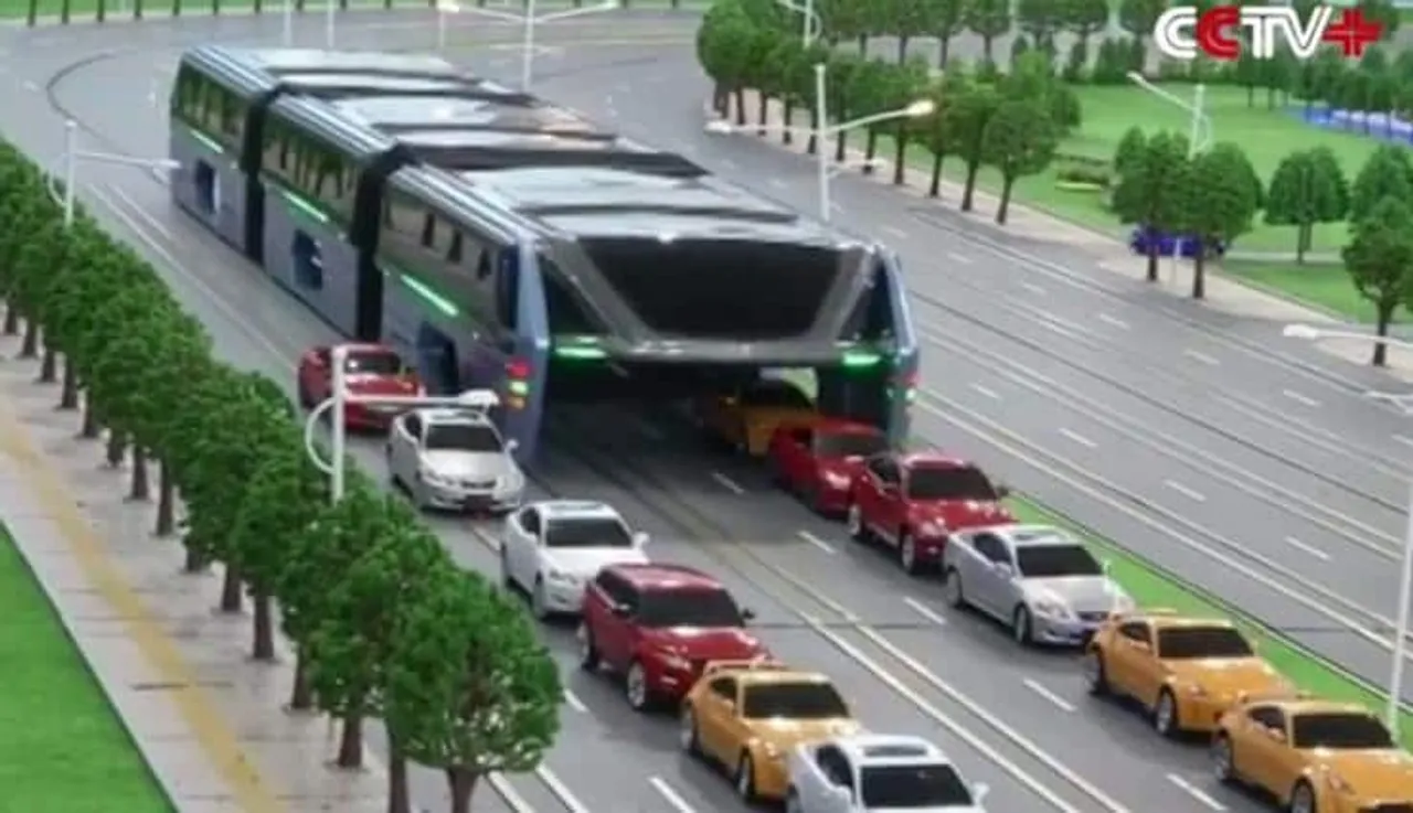 China's elevated bus seen straddling over traffic was probably a scam