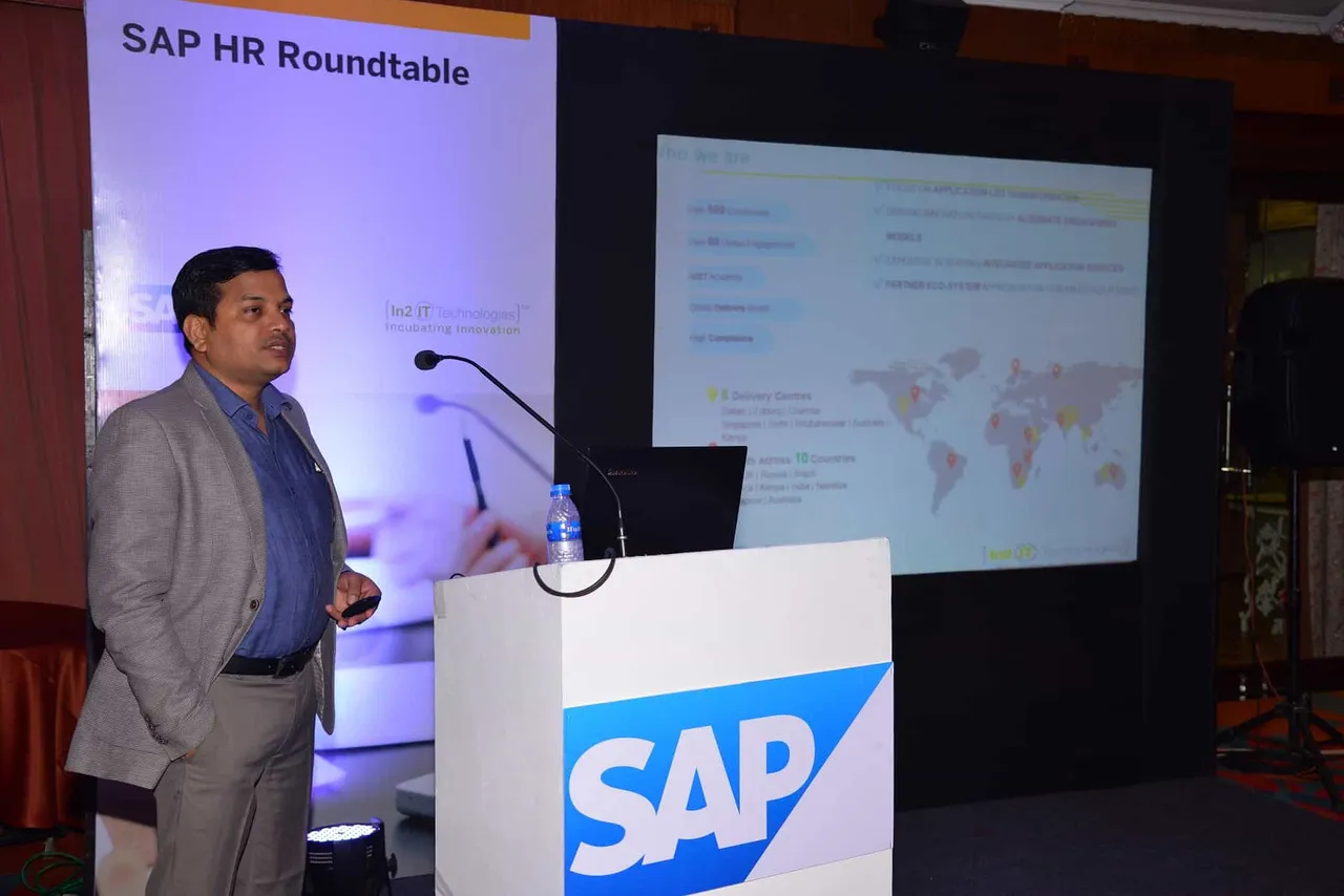 Rudra Shankar Shatapathy Group MD CEO and Co founder at In IT Technologies addressing the gathering at SAP HR Roundtable