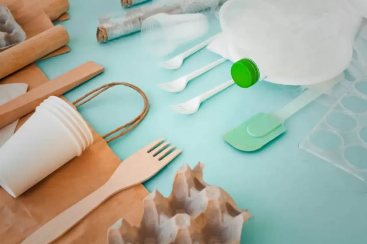 Set of plastic items and replacing them with eco tableware wooden