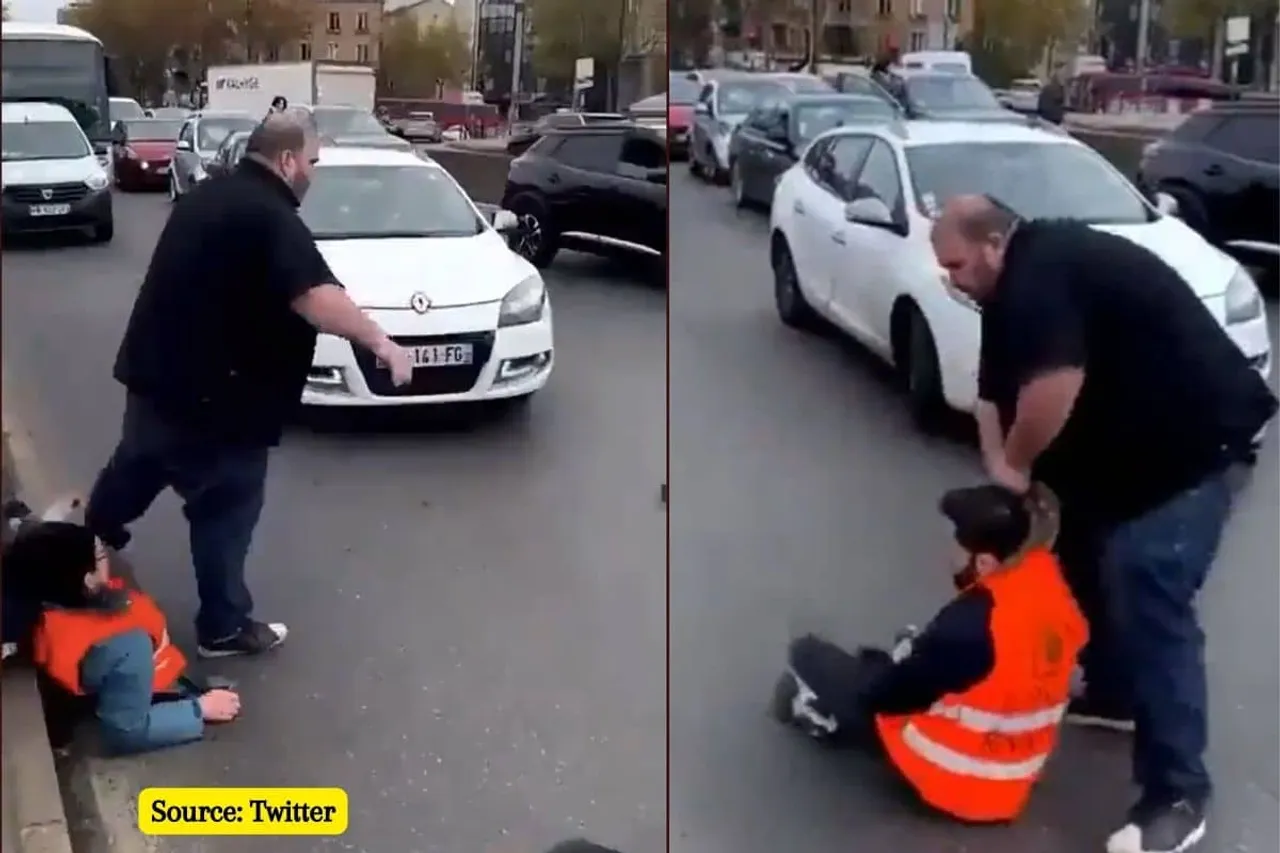 Video of climate protestors dragged off road by people in France