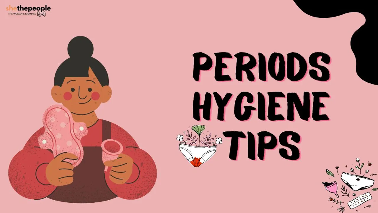 A girl holding pads and menstrual cup and showing periods hygiene tips