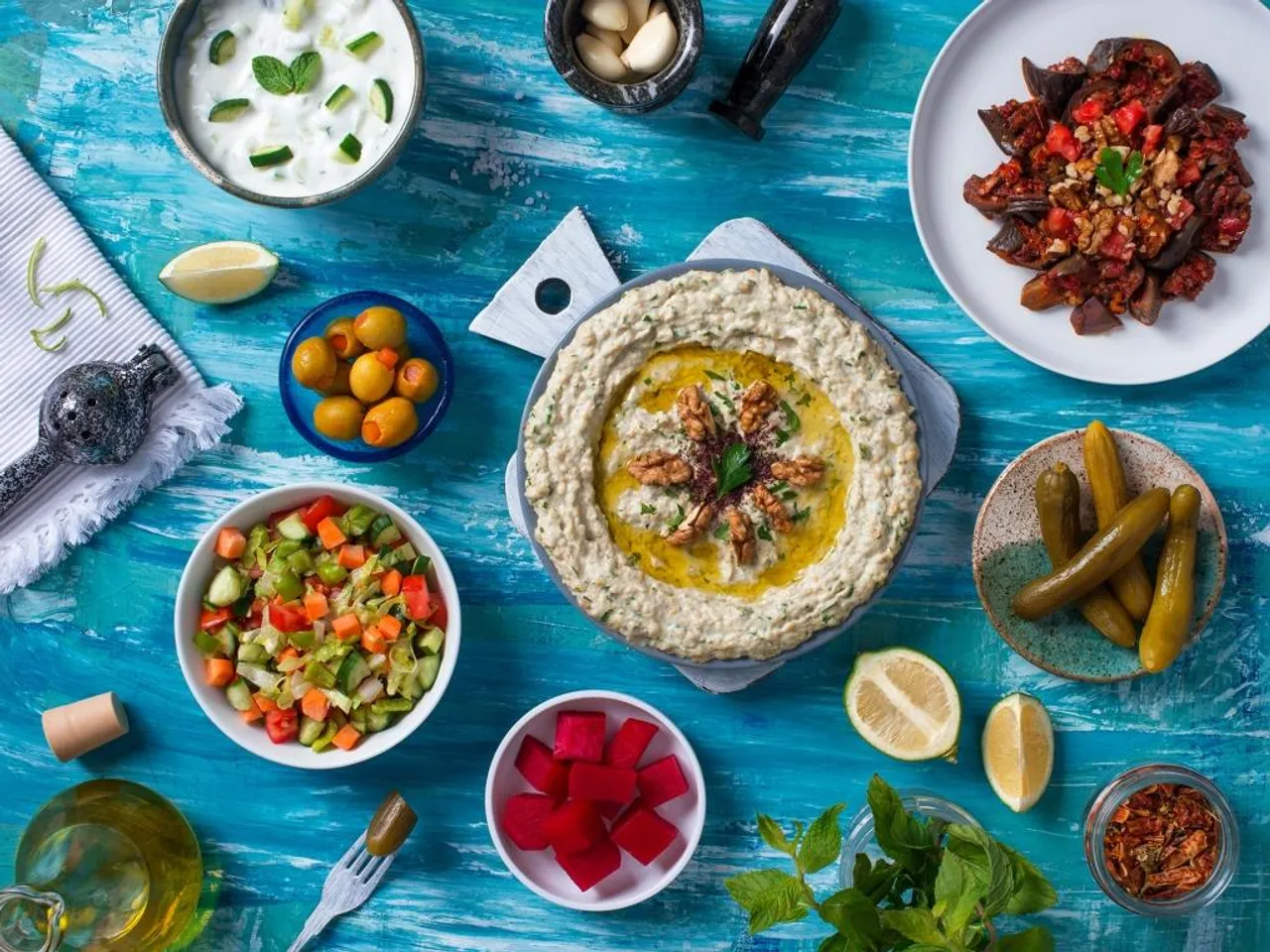 delicious-food-blue-wooden-table-top-view