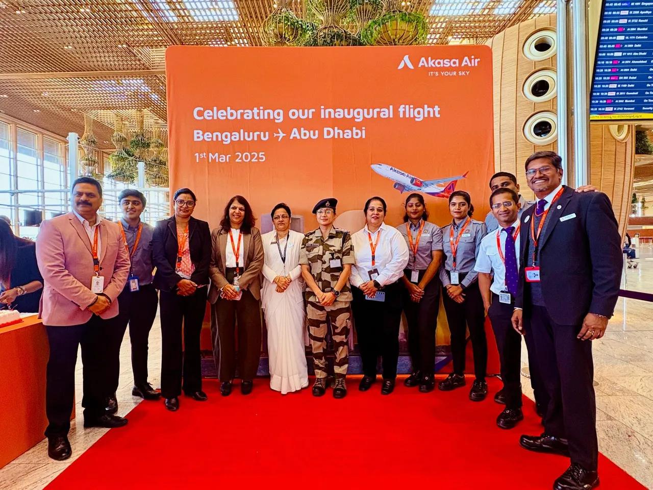 Neelu Khatri, Co-Founder and SVP International, Akasa Air along with the Akasa Air team celebrates Akasa Air's maiden flight from Bengaluru to Abu Dhabi on 1st March 2025
