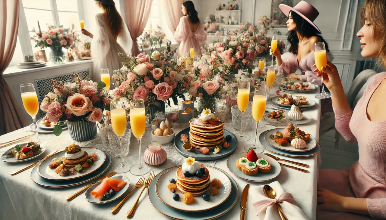 A lavish Women's Day brunch setup with an elegant table adorned with fresh flowers, gold-rimmed plates, and a variety of gourmet dishes. The spread in