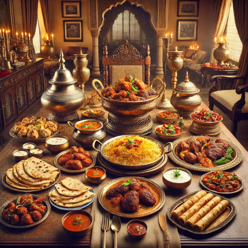 A lavish Mughlai feast displayed on a grand dining table featuring rich and flavorful dishes The spread includes aromatic biryani served in a copper