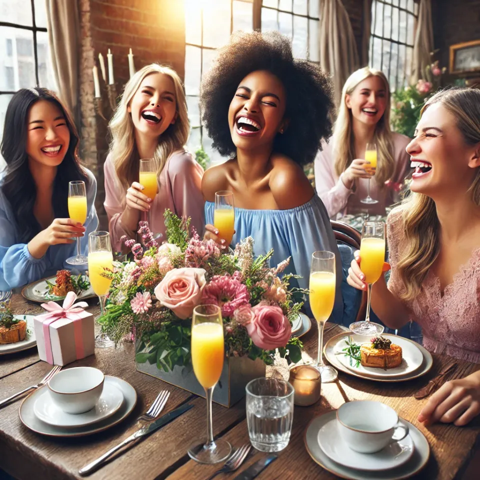 A group of diverse women joyfully celebrating Women's Day at a stylish brunch setting. The table is elegantly set with flowers, gourmet dishes, and mi