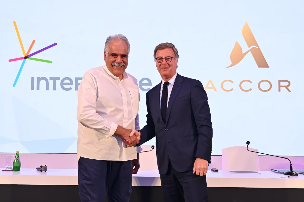 Sebastien Bazin, Chairman & CEO, Accor and Rahul Bhatia, Group Managing Director, InterGlobe Enterprises at the announcement of a Landmark Partnership between the two companies