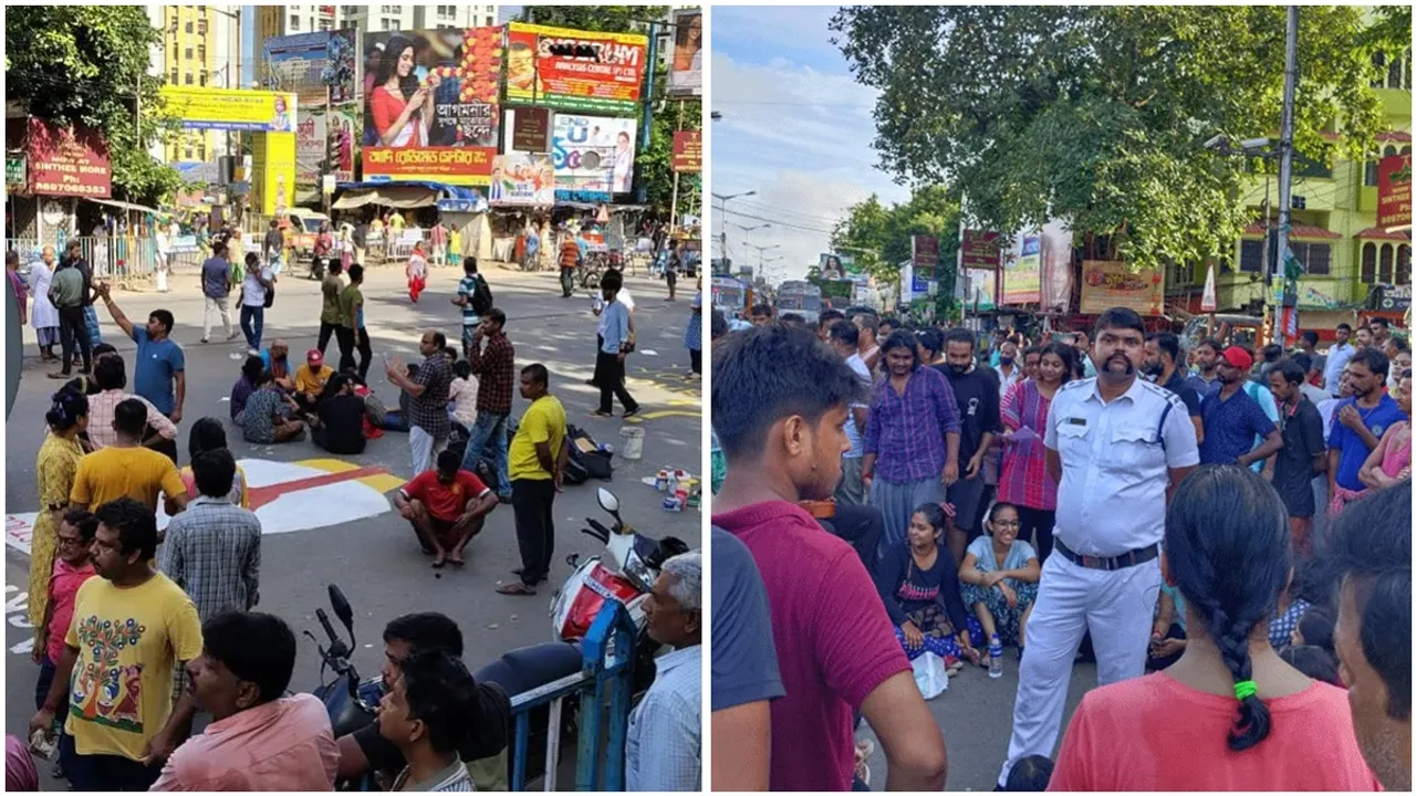 bt road bolckade by rabindra bharati university students, বিটি রোডে অবরোধ, রবীন্দ্রভারতী বিশ্ববিদ্যালয়, সিঁথির মোড়ে অবরোধ