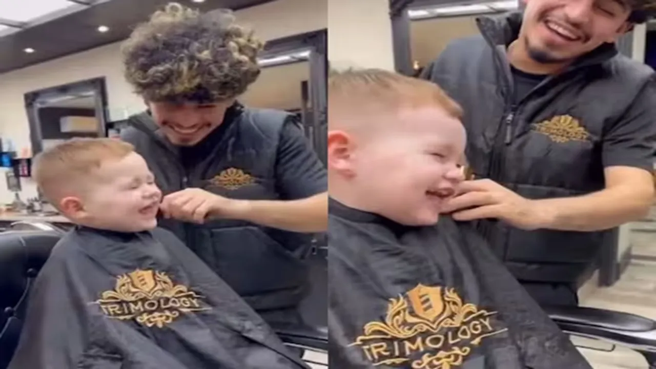 barber kid laughing in salon video , cute kid laughter video , kid laughing in salon video , kid cute laughter video , kid laughing sound video , kid cut hair laughing in salon viral video , ajab gajab news , viral news , omg news , amazing news
