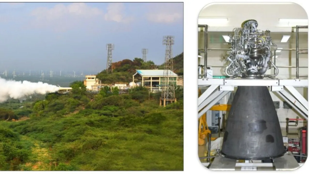 ISRO's CE-20 engine (right) and it being tested at the space agency's Propulsion Complex. (ISRO via X.com)