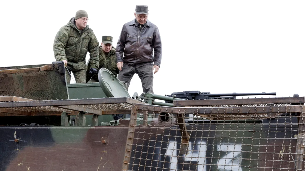 Russia's Defence Minister Sergei Shoigu inspects military equipment captured by Russian troops in the course of Russia-Ukraine conflict, at a Russian military command centre in a location given as Russian-controlled Ukraine, in this picture released February 24, 2024. (Russian Defence Ministry/Handout via Reuters)