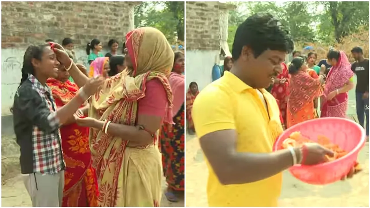 After the arrest of Sheikh Shahjahan women of Sandeshkhali celebrated the Holi festival , শেখ শাহাজাহান গ্রেফতার হওয়ায় পর অকাল হোলিতে মাতলেন সন্দেশখালির মহিলারা