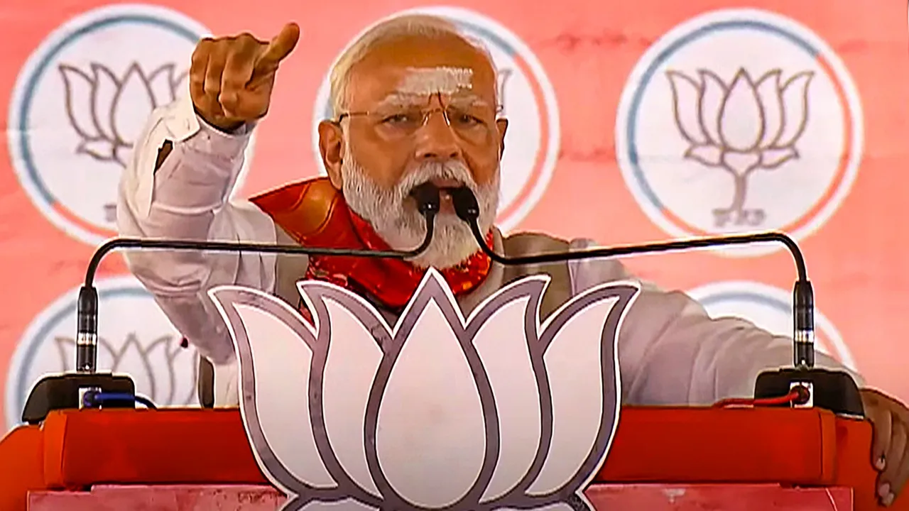 Prime Minister Narendra Modi addresses an election campaign rally for Lok Sabha polls, in Karimnagar, Wednesday, May 8, 2024. (PTI Photo)