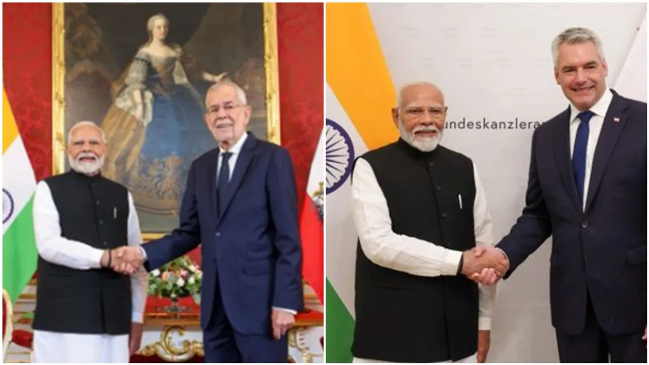 PM Narendra Modi, Austrian President Alexander Van der Bellen, Chancellor Karl Nehammer, প্রধানমন্ত্রী নরেন্দ্র মোদী, অস্ট্রিয়ান প্রেসিডেন্ট আলেকজান্ডার ভ্যান ডার বেল্লেন, চ্যান্সেলর কার্ল নেহামার,