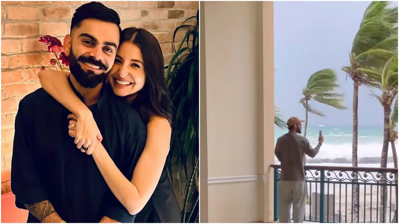 A new clip has surfaced online showing Virat Kohli video calling his wife Anushka Sharma and sharing with her the gusty winds and turbulent sea waves in Barbados due to Hurricane Beryl.