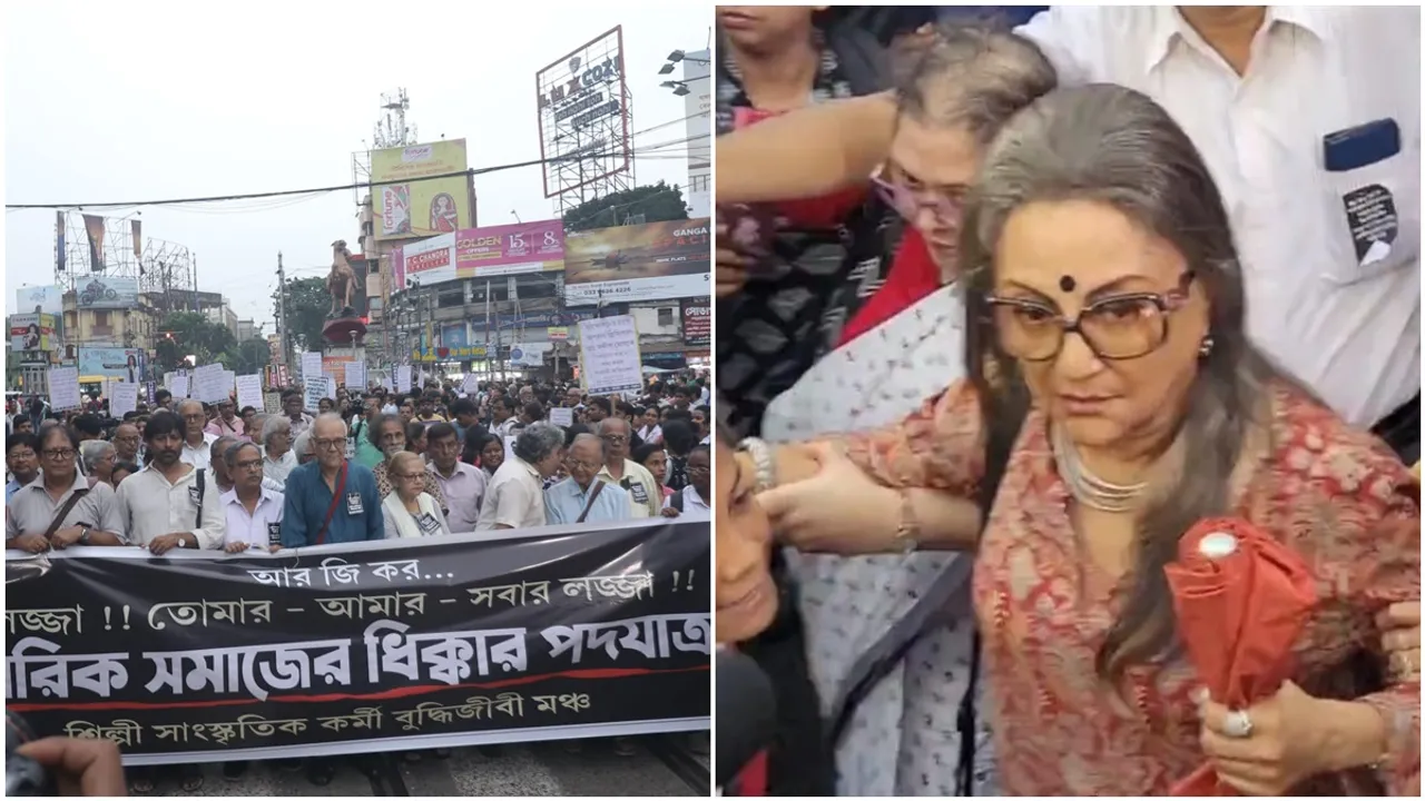 intellectuals Aparna Sen, Miratun Nahar and others protest march against murder of doctor at RG Kar Hospital, আরজি কর, বুদ্ধিজীবীদের মিছিল, অপর্ণা সেন