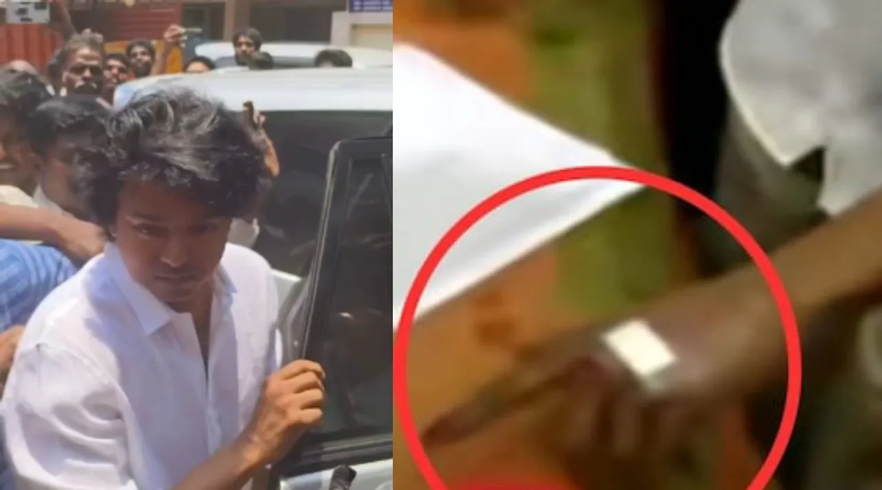 Actor vijay GOAT movie shoot cast his vote chennai bandage in hand TAMIL NEWS 