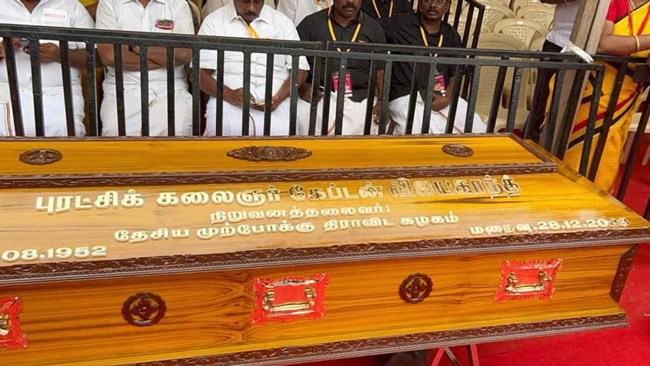  A Sandalwood coffin box kept at the burial site of DMDK leader Vijayakanth