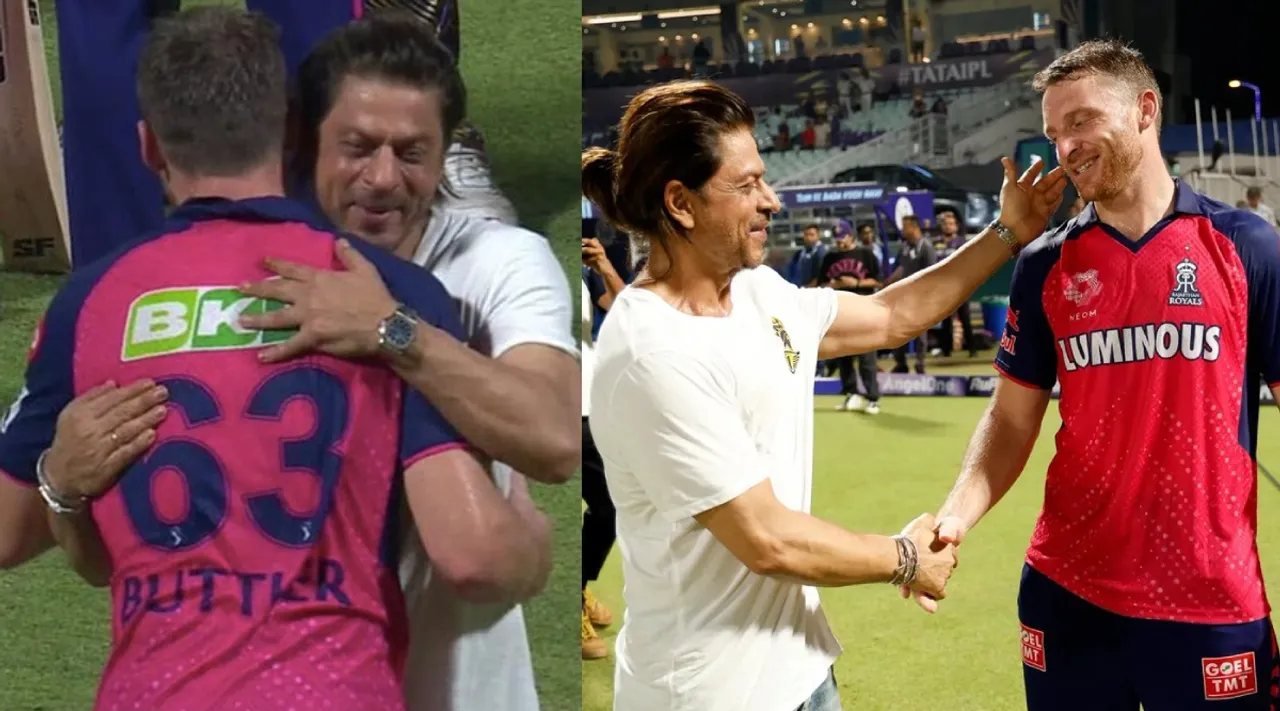 Shah Rukh Khan hugging and appreciating Jos Buttler for his innings  KKR vs RR Tamil News 