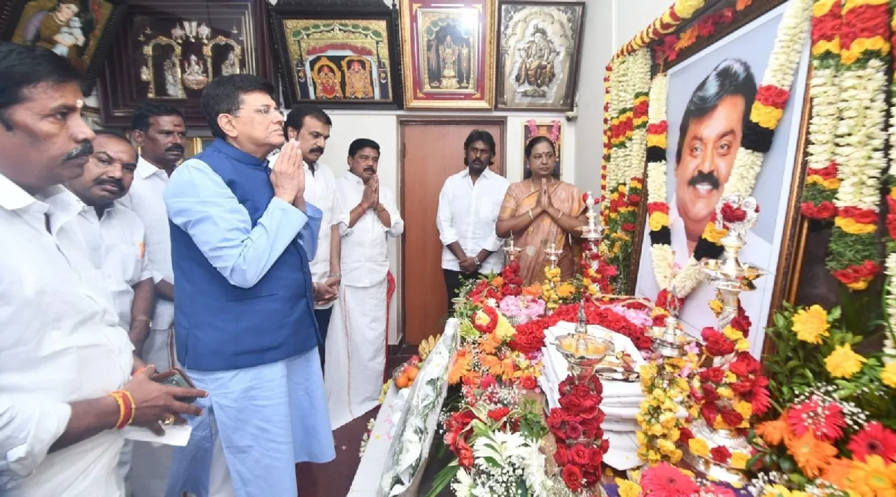 Union Minister PiyushGoyal paid tribute to the late DMDK Vijayakanth at his residence in CHENNAI Tamil News 