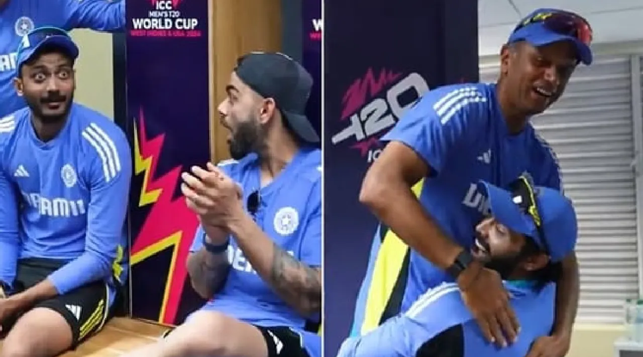 Rahul Dravid lifted by Ravindra Jadeja inside dressing room, Virat Kohli in disbelief Axar Patel eyes left wide open video Tamil News 