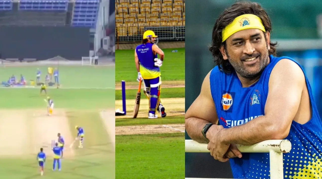 MS Dhoni hits iconic helicopter shot in CSK training session and no  fitness concerns Tamil News 