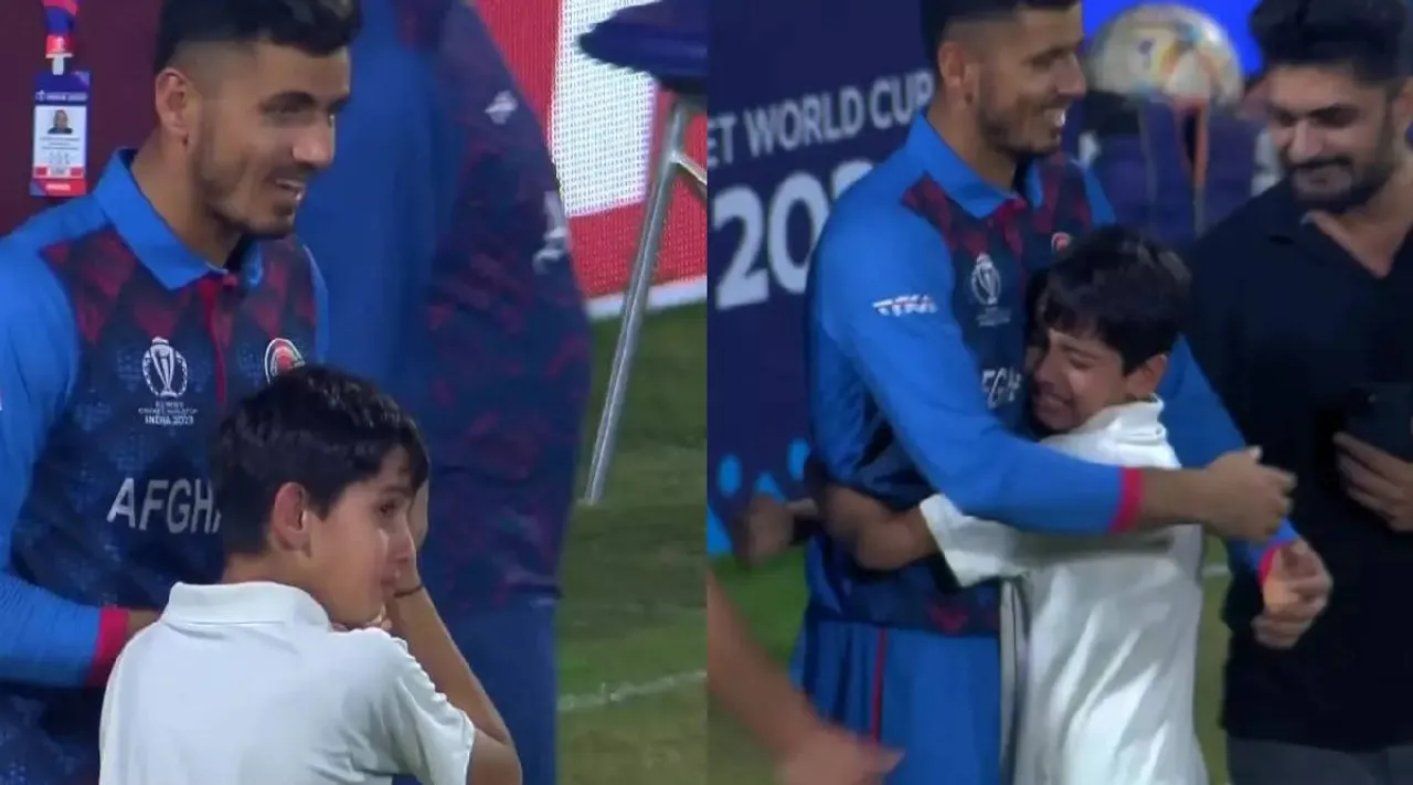   Mujeeb Ur Rahman hugs young fan after Afghanistan historic win over England WC 2023 Tamil News 