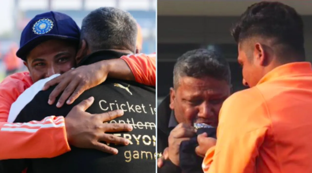 Video  Sarfraz Khan father tear up as he kisses his son Test cap Tamil News 