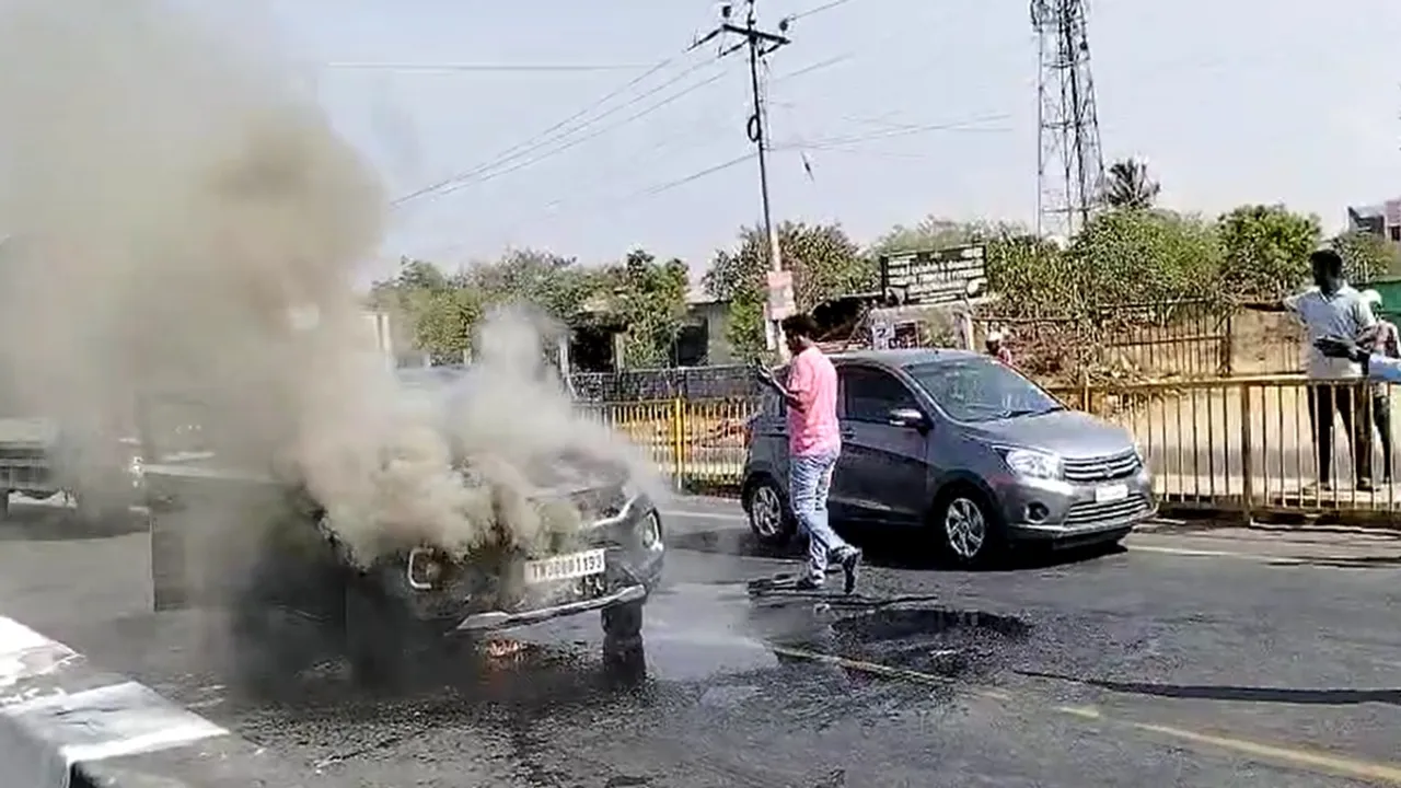 A car caught fire on a Coimbatore road