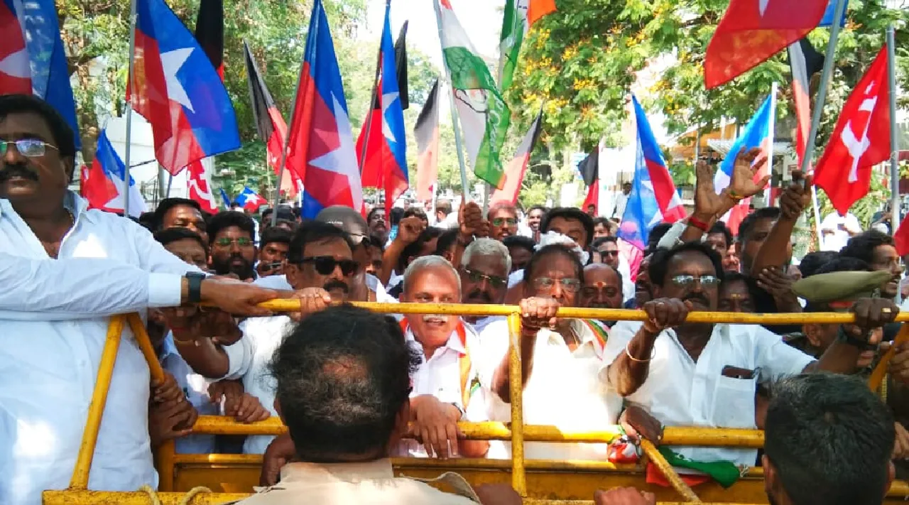 Puducherry INDIA alliance protest against Governor Tamilisai Soundararajan 250 arrested Tamil News 