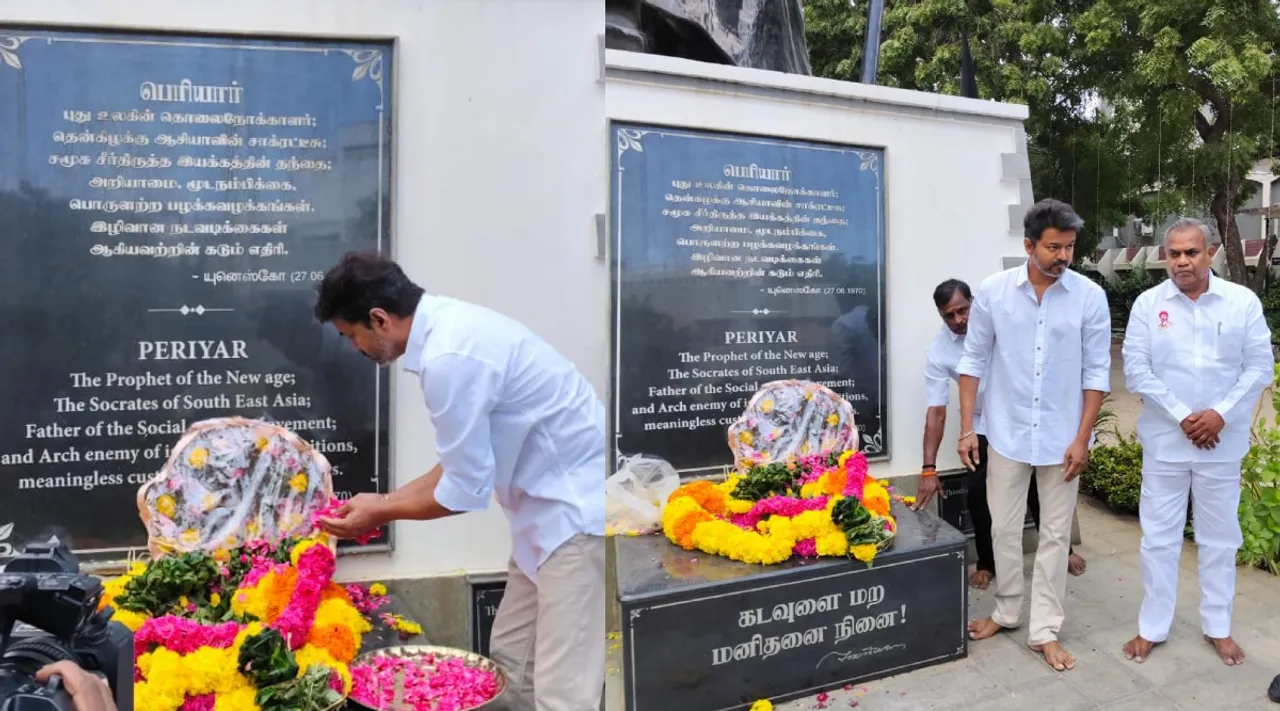 TVK Vijay pays tribute to periyar statue in Periyar Tidal CHENNAI photos Tamil News 
