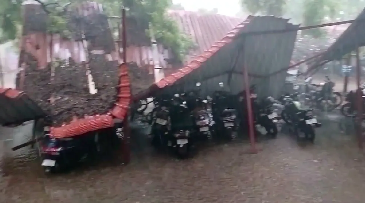 Coimbatore rain Collectors office vehicle parking roof falls bikes damaged Tamil News 