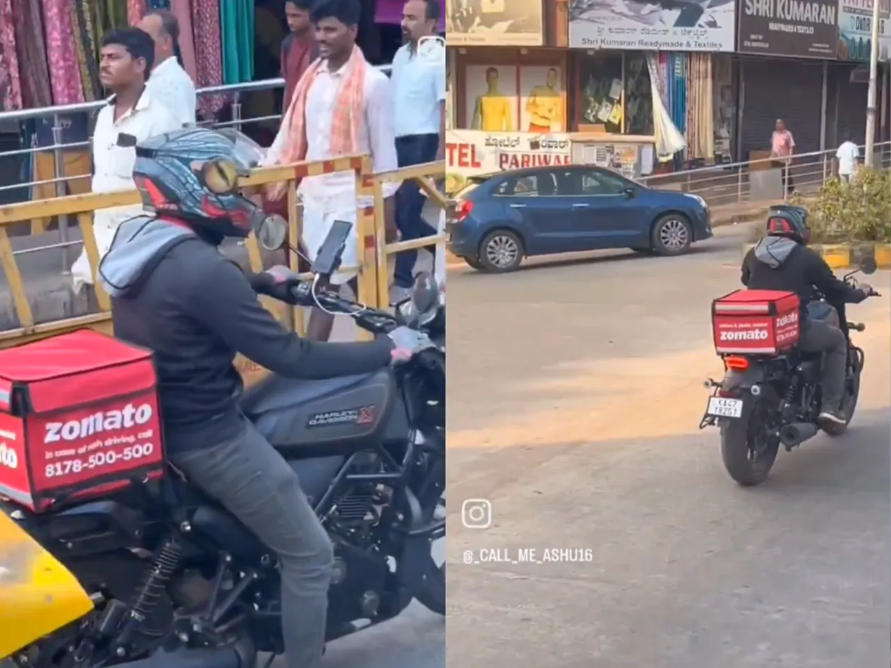 Zomato delivery boy delivers food on a Harley-Davidson bike