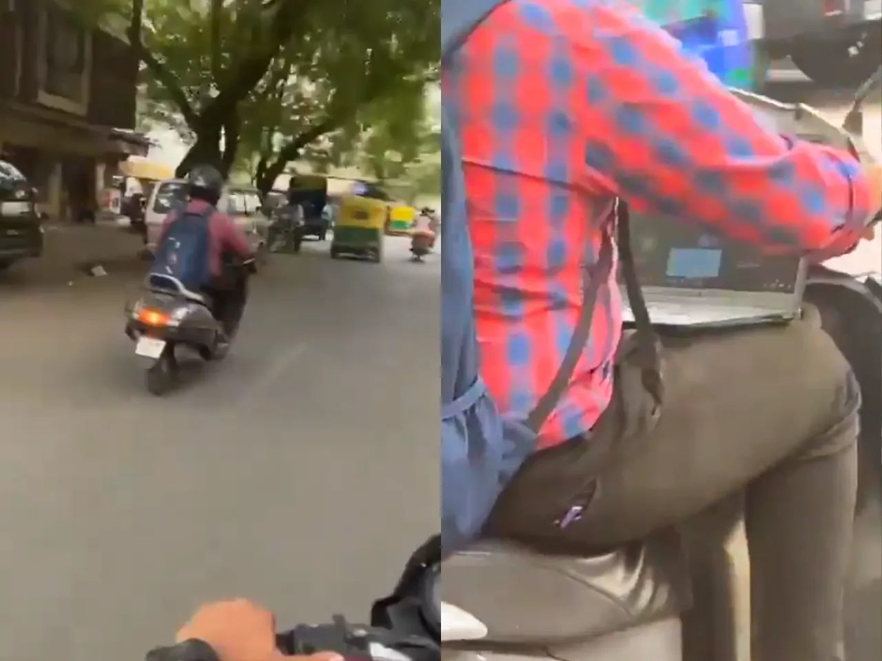Man attends Zoom call on laptop while riding scooty on busy road