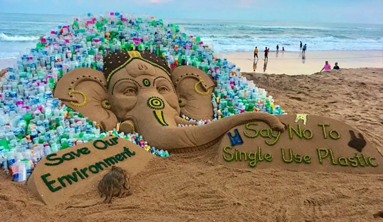 Sudarsan Pattnaik Sculpts Lord Ganesha's Sand Art With 1000 Used Plastic Bottles