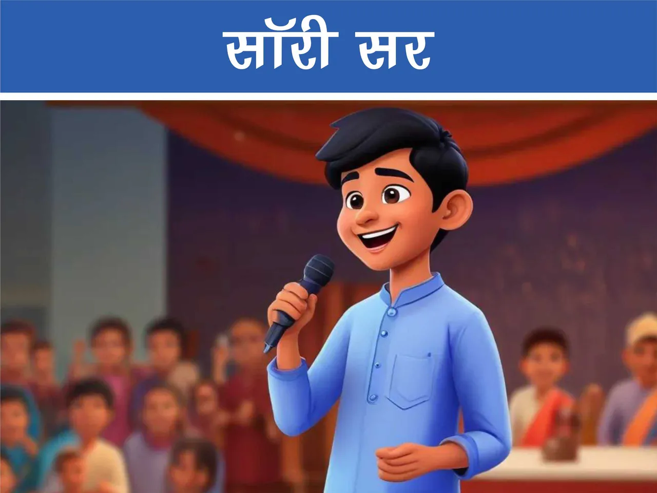 School boy giving speech on stage cartoon image