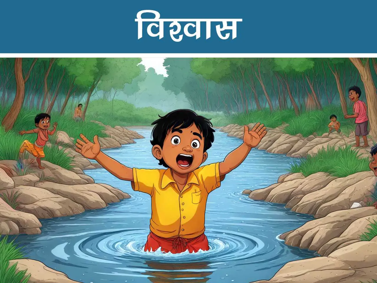 cartoon image of a boy drowning in river