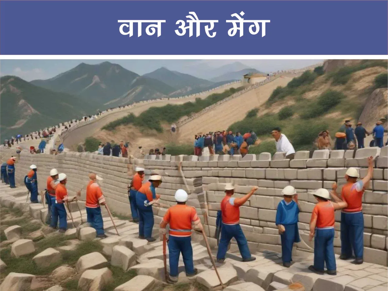 Chineese men constructing wall of china cartoon image