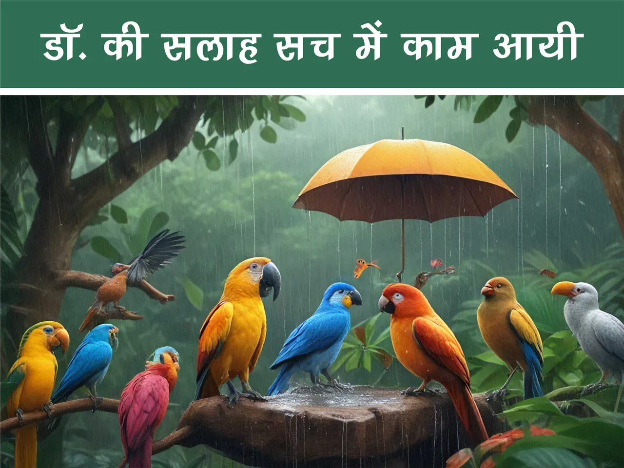 cartoon image of jungle birds in rain