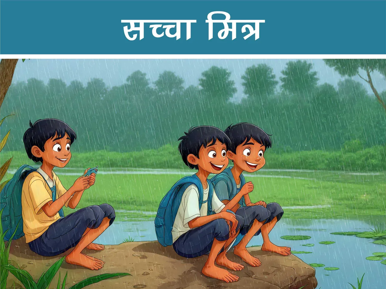 cartoon image of school boys near a pond